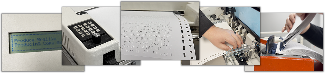 A collage photo of the braille production process that is used at ICBM.  A close up photo of the menu screen of the transcend device that reads, 'produce braille, producing copy #1', an up close picture of the keypad on the braille express 150 embosser, a close up photo of the braille paper that has been fed through the embosser, an up close picture of the braille document being loaded into the burster machine to cleanly break the continuous paper, and an up close picture of the braille document being placed into the binding comb.