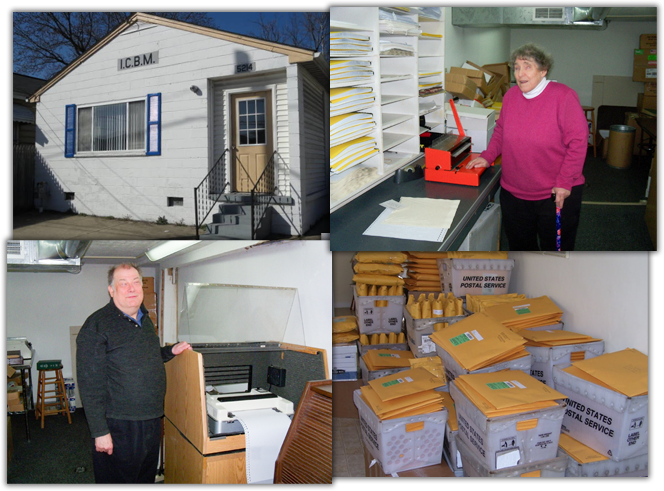 A picture collage of the ICBM offices while located in South Charleston, West Virginia,  Mike and Barb standing next to equipment that is used to preparing and mail Christian Braille materials to patrons, and a picture of the completed packages ready to be mailed through the post office.