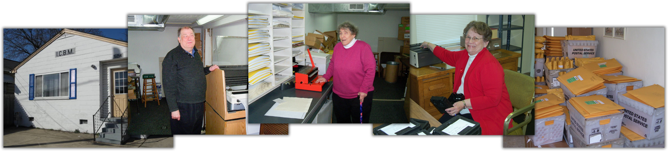 A picture collage of the ICBM offices while located in South Charleston, West Virginia,  Mike and Barb standing next to equipment that is used to preparing and mail Christian Braille materials to patrons, the office secretary is pictured using the cassette tape duplicator to mail some Christian audio materials, and a picture of the completed packages ready to be mailed through the post office.